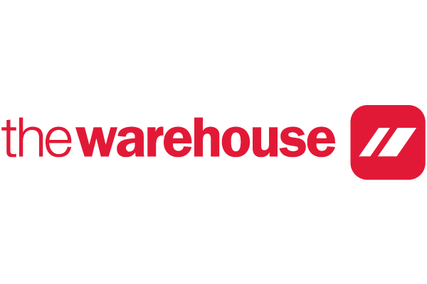 The Warehouse brand logo in red: wordmark 'the warehouse' with a red rounded-square icon showing two white diagonal stripes.